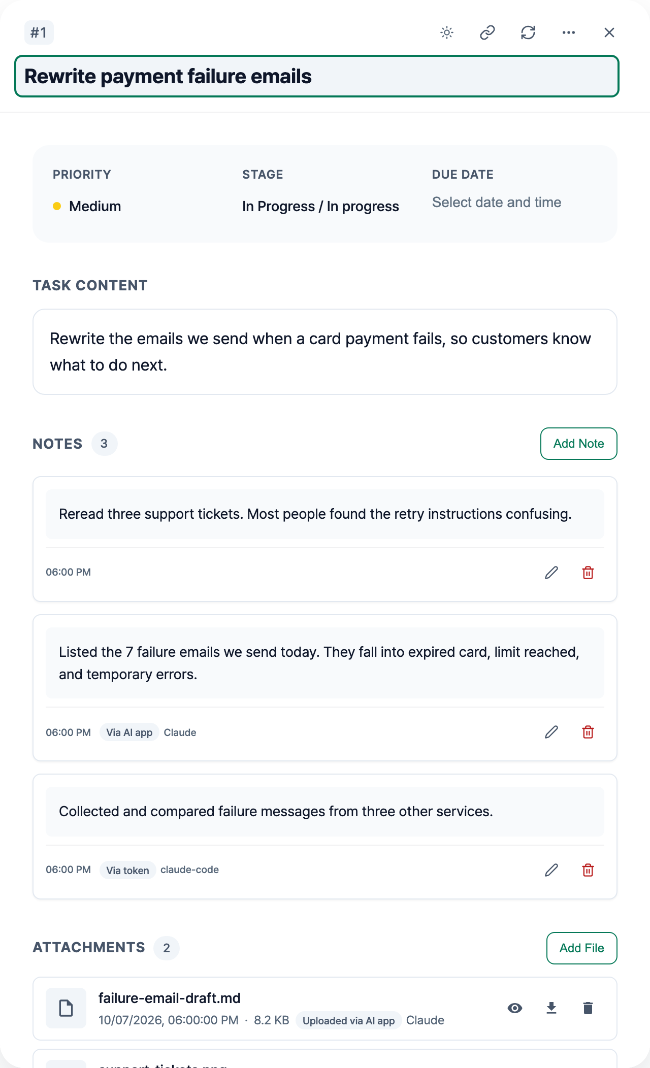 Task details where the note you wrote has no label, and only the notes and attachment that came from an AI app or a token are labeled