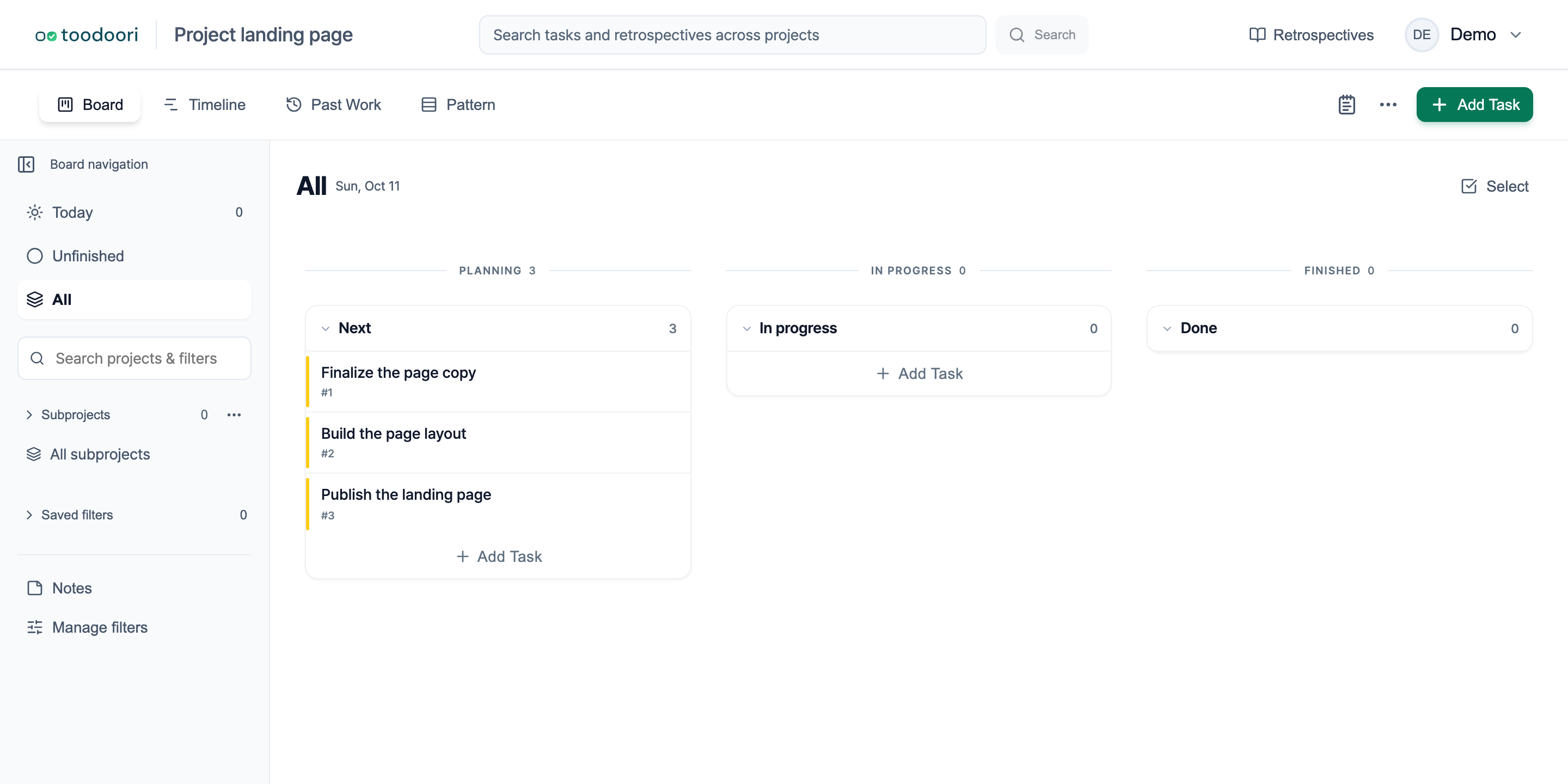 Three selected landing-page tasks in the Next stage: Finalize the page copy, Build the page layout, and Publish the landing page
