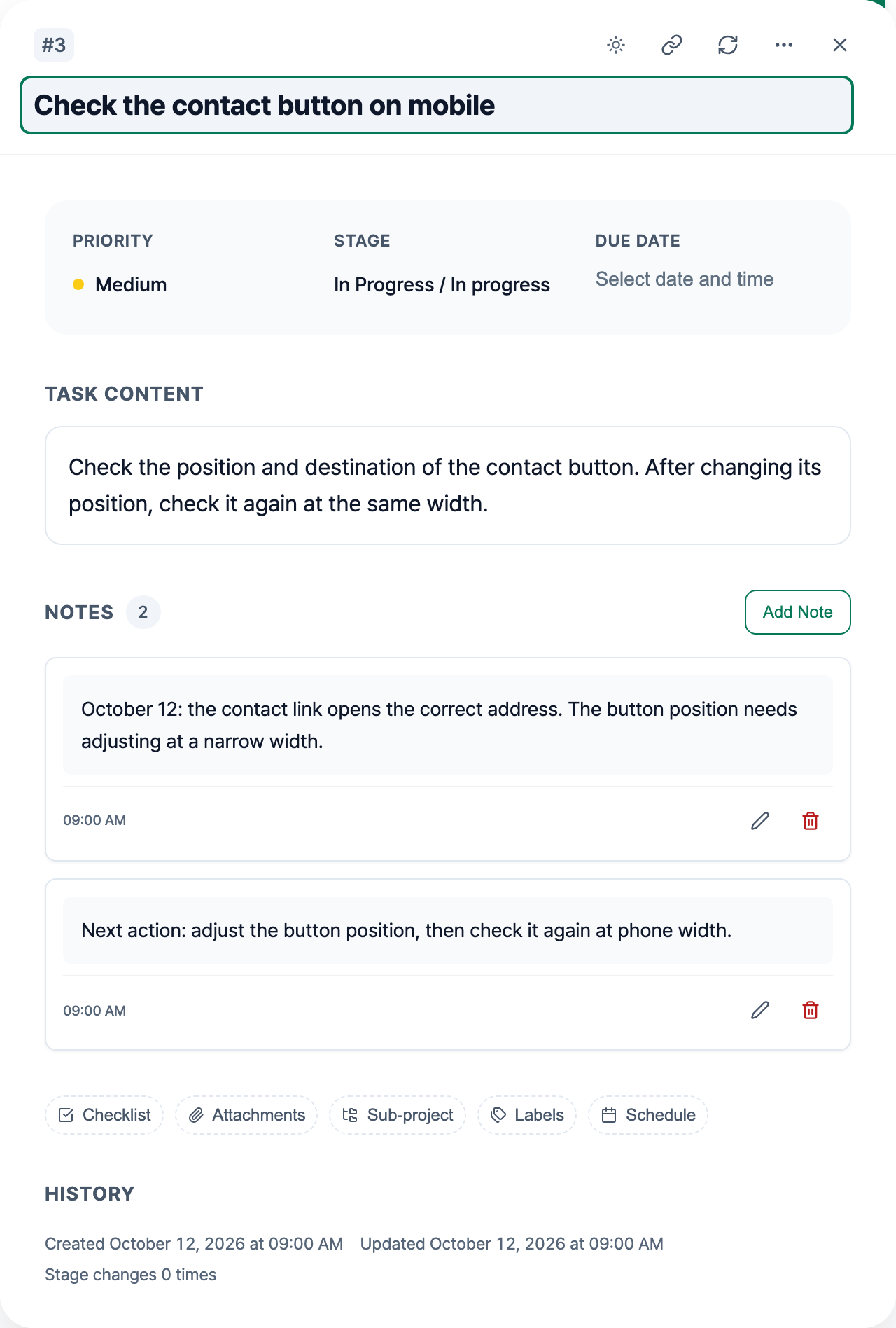 A note on a fictional contact-button task recording the phone-width check, the link position to change, and the next action