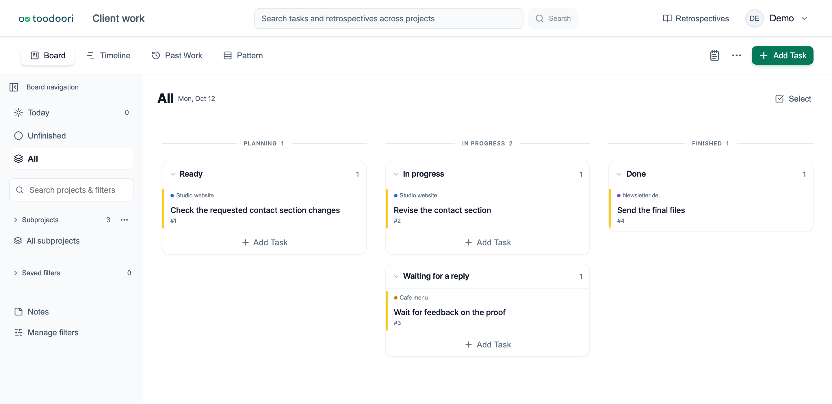 A fictional freelance board with Cafe menu, Studio website, and Newsletter design subprojects, with tasks in Ready, In progress, Waiting for a reply, and Done