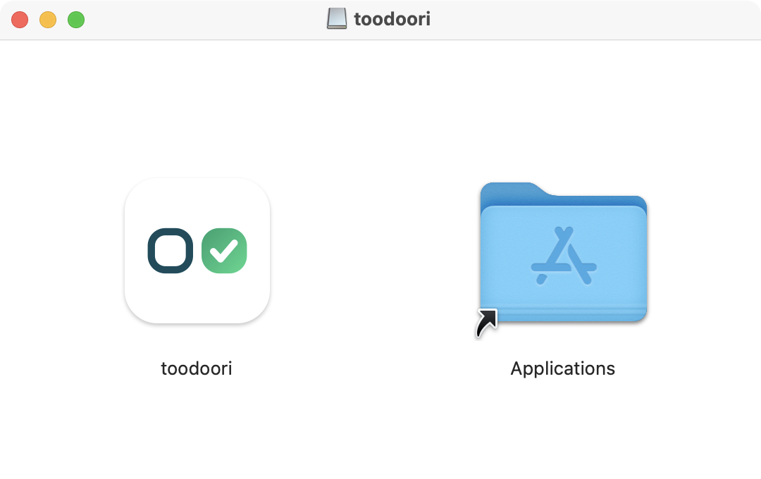 DMG 창: 왼쪽에 toodoori 앱, 오른쪽에 Applications 폴더