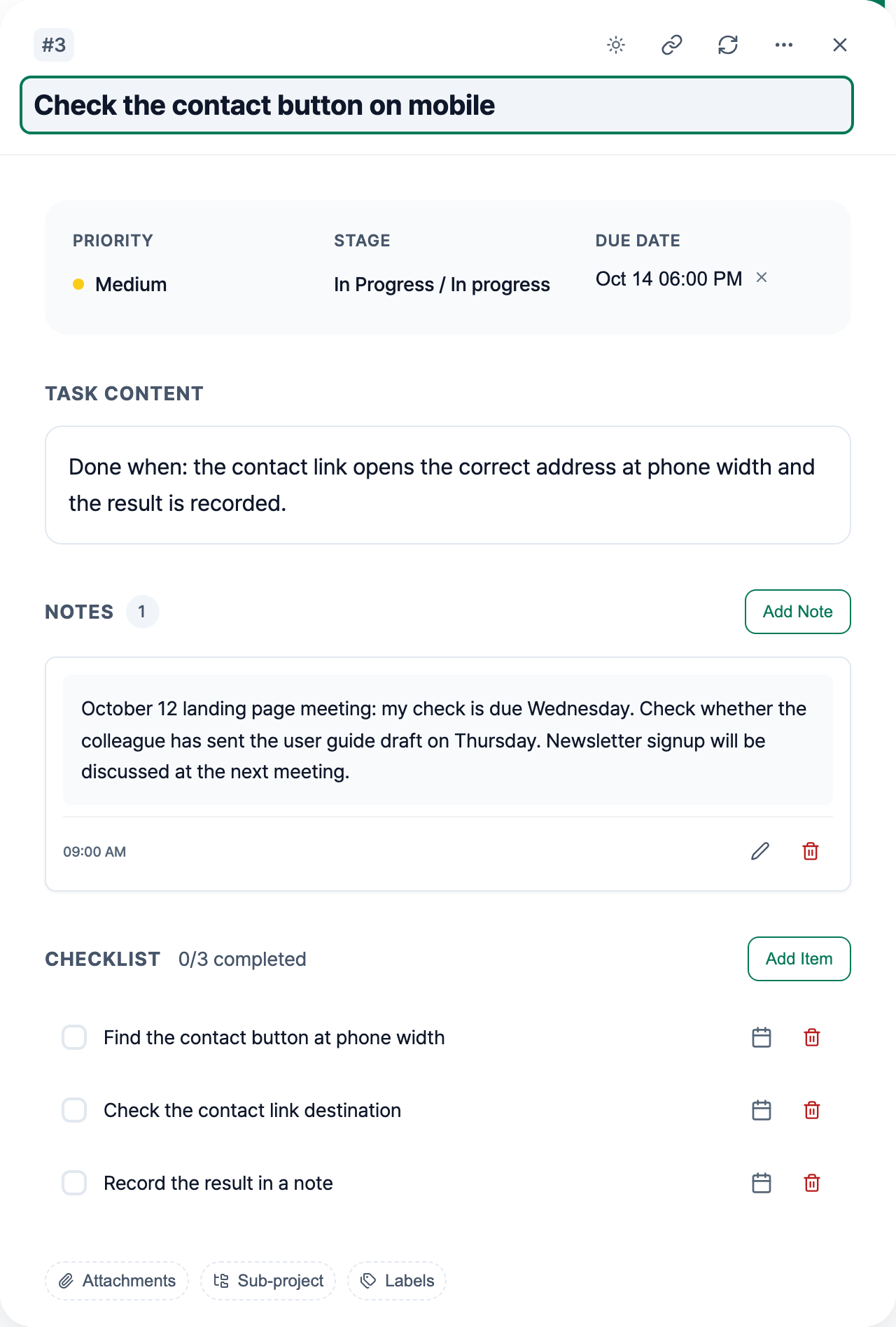 The fictional contact-button task with a completion criterion, mobile checks, and a note recording the meeting source, deadlines, and newsletter decision