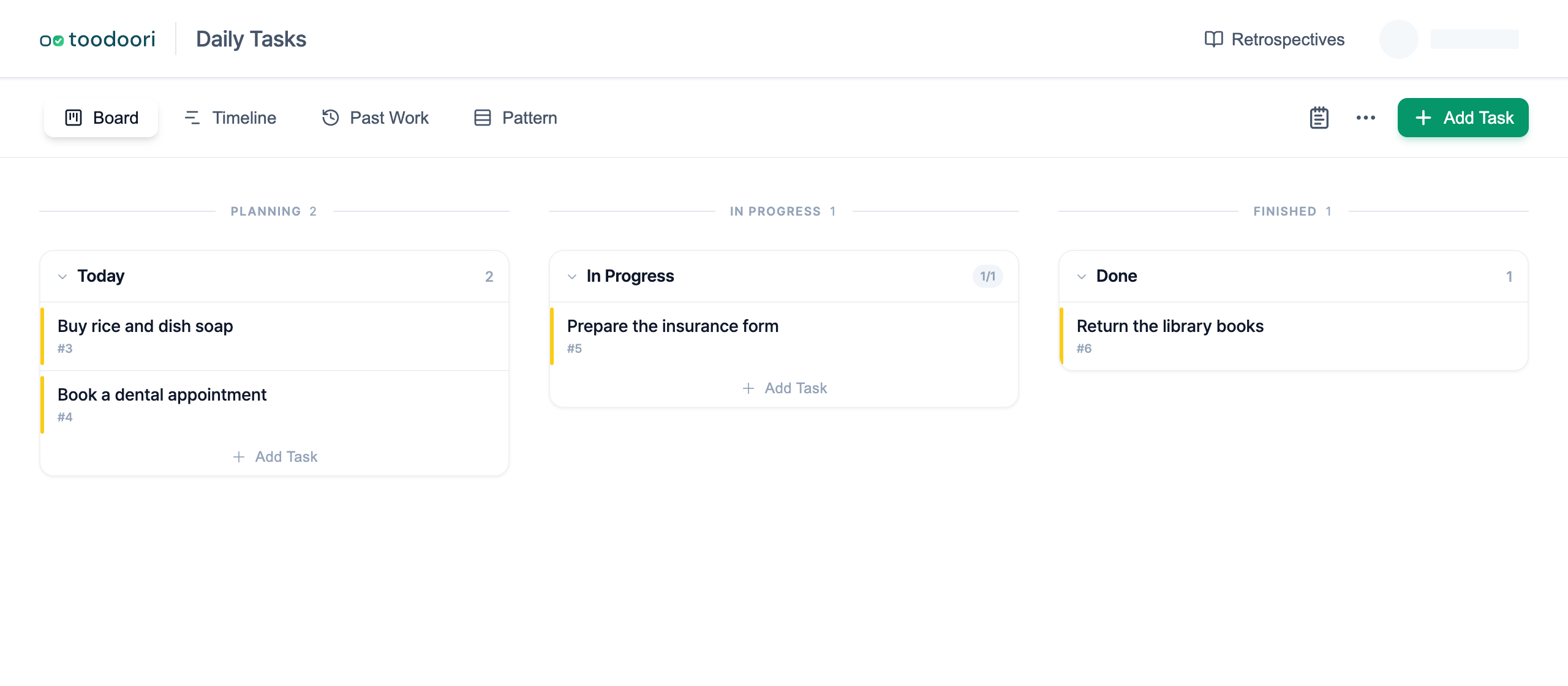 A personal Kanban board for daily tasks with cards in Today, In Progress, and Done