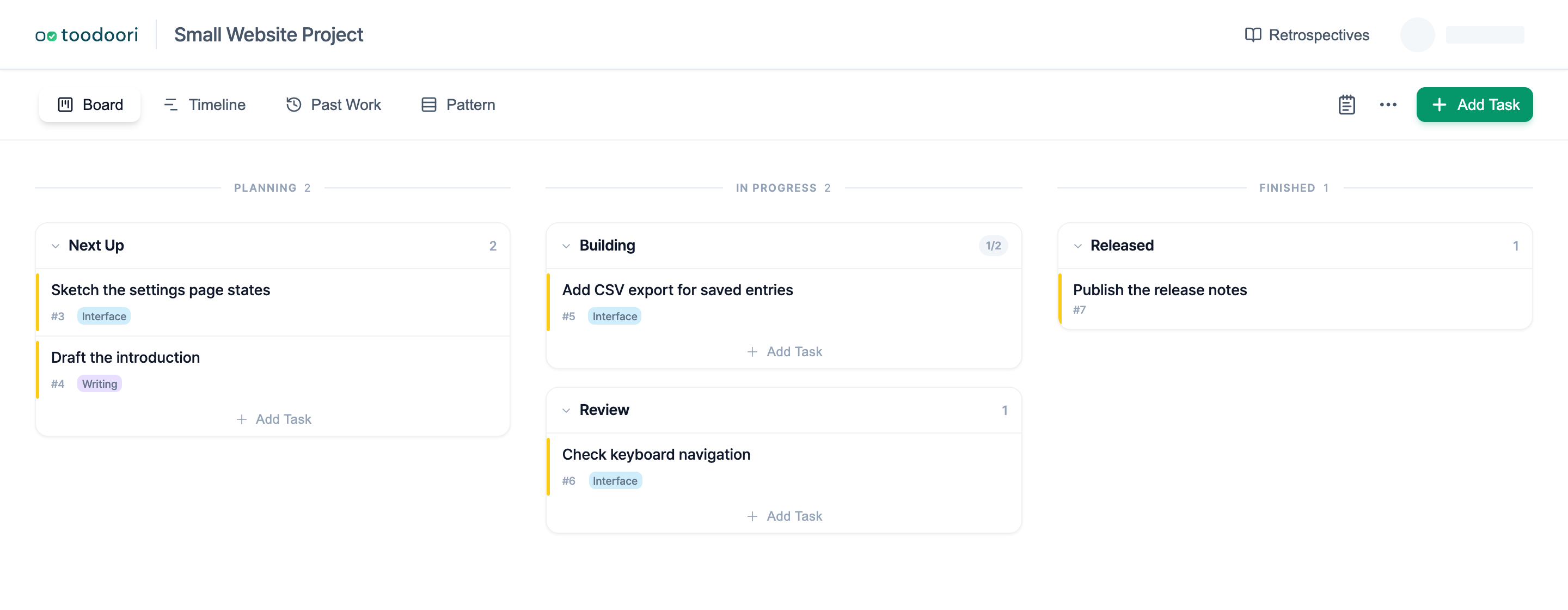 A side project Kanban board with cards in Next Up, Building, Review, and Released