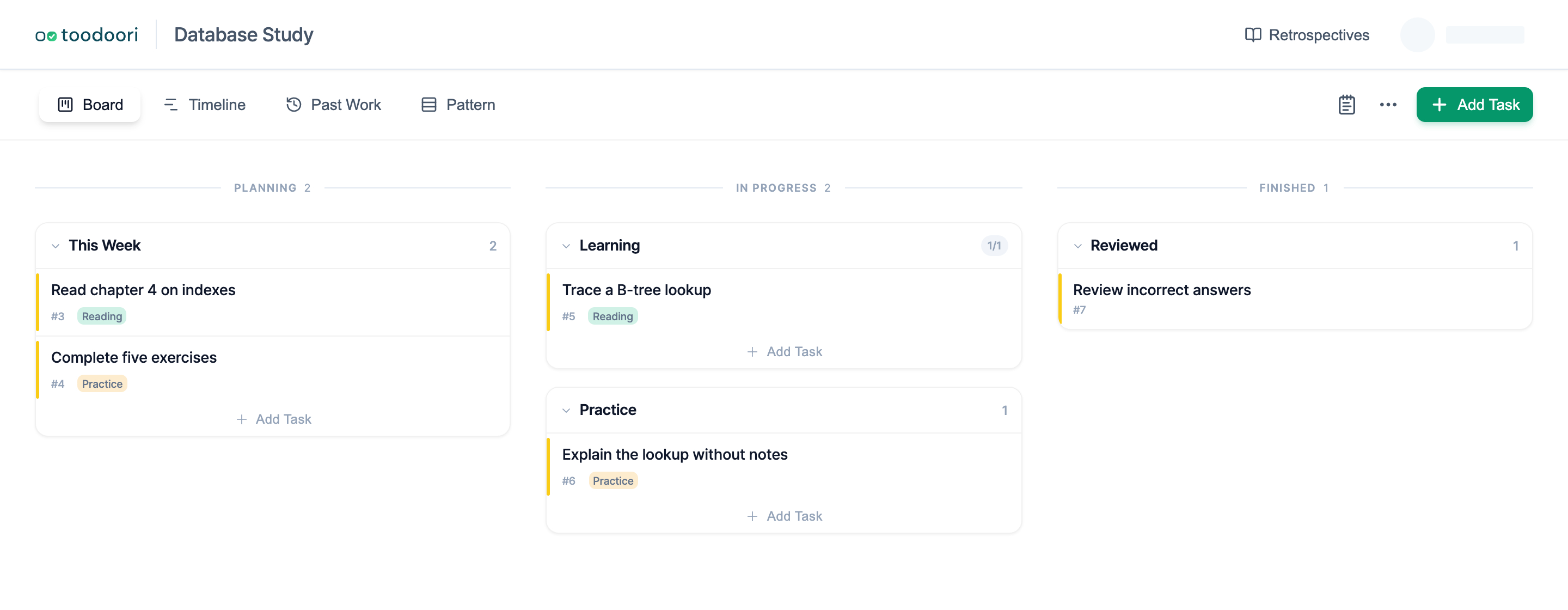 A study Kanban board with topic cards across This Week, Learning, Practice, and Reviewed