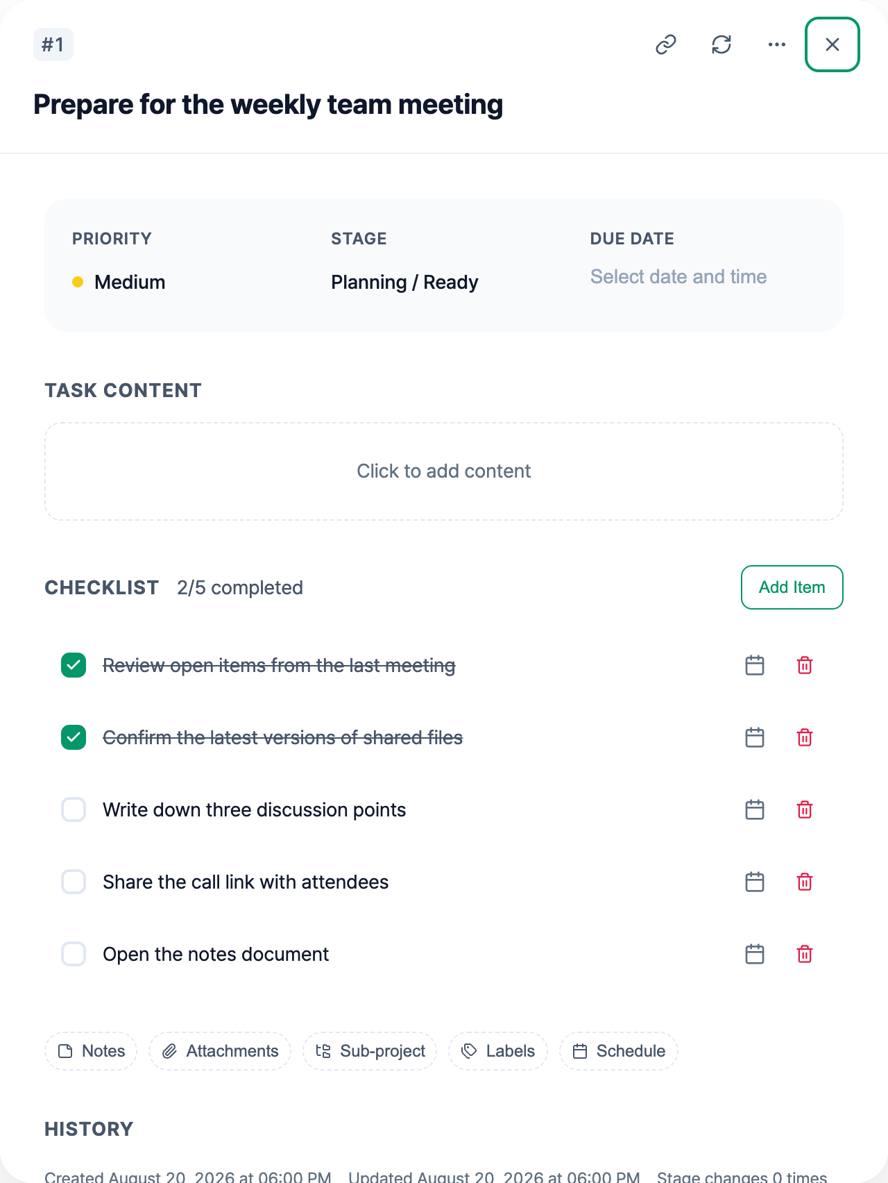 A meeting preparation task with checklist items for reviewing materials and sharing the call link