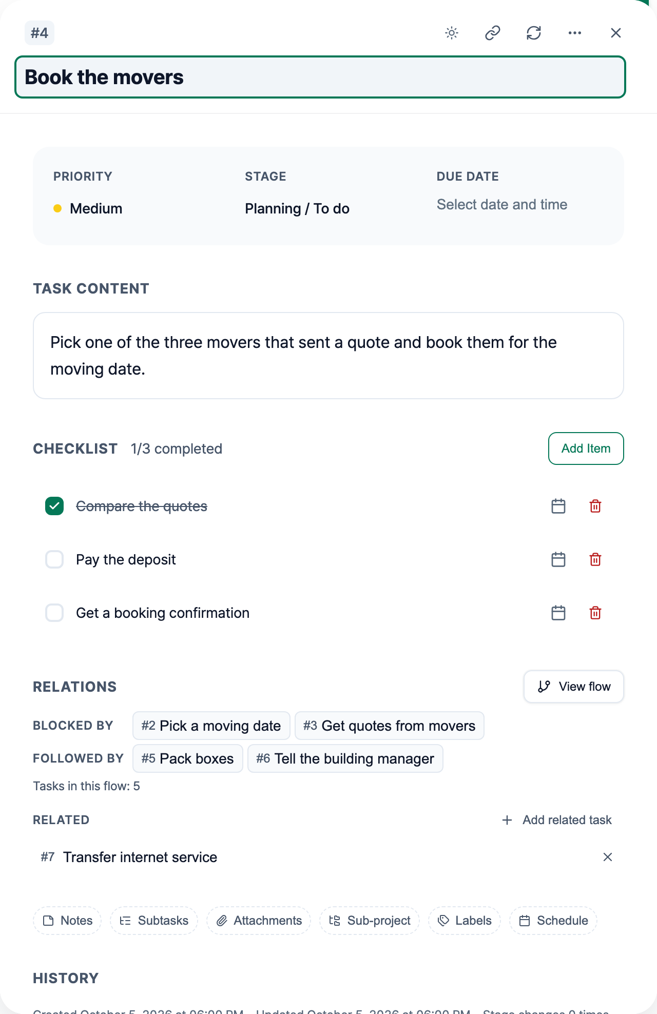 The task detail panel for "Book the movers." The Relations section lists two tasks under Blocked by and two under Followed by, with one Related task below them