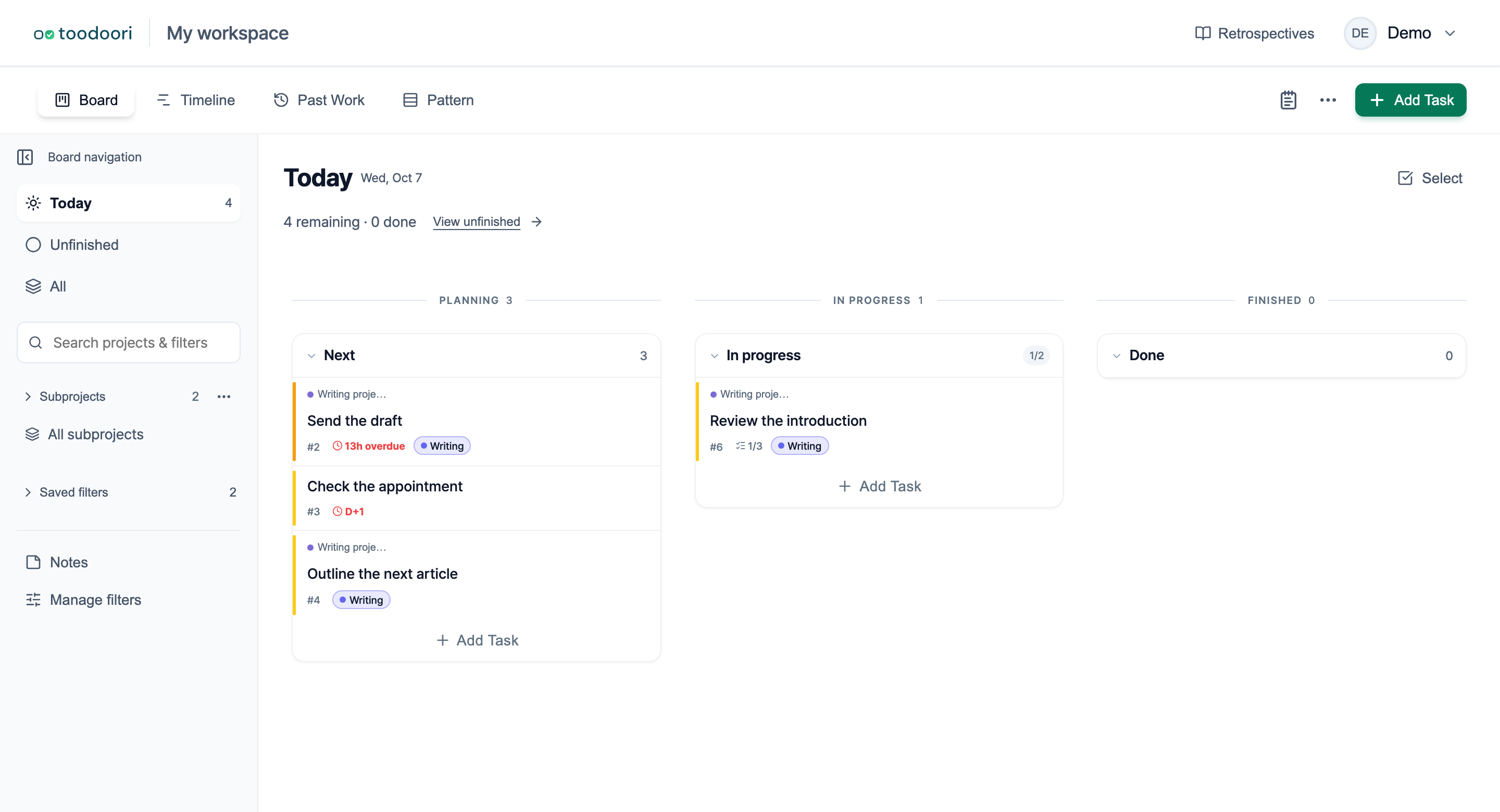 Today showing tasks included by due date and tasks added by hand across workflow stages