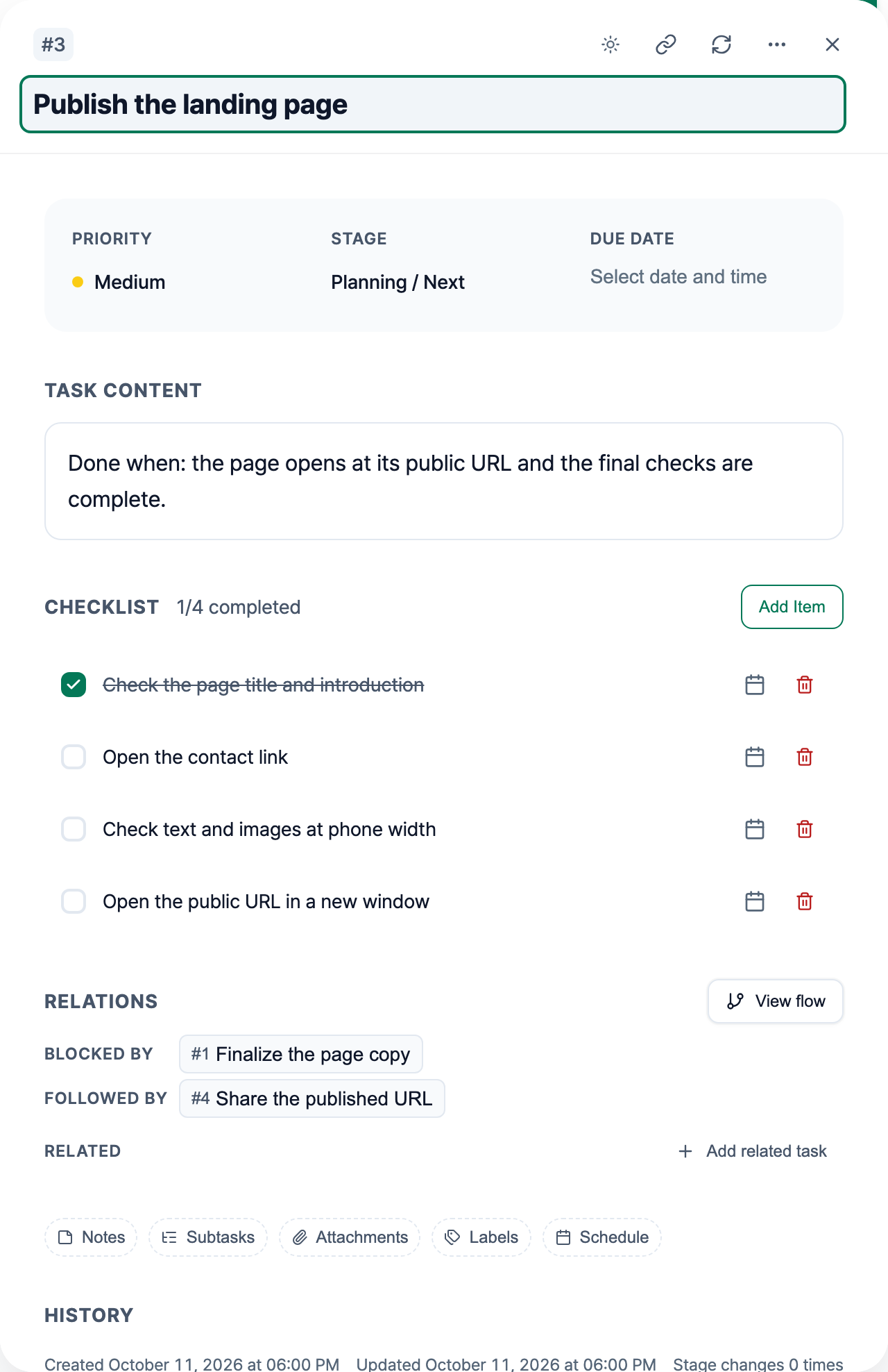 Publish the landing page task details, with four checklist items, an earlier copy task, and a later task to share the published URL