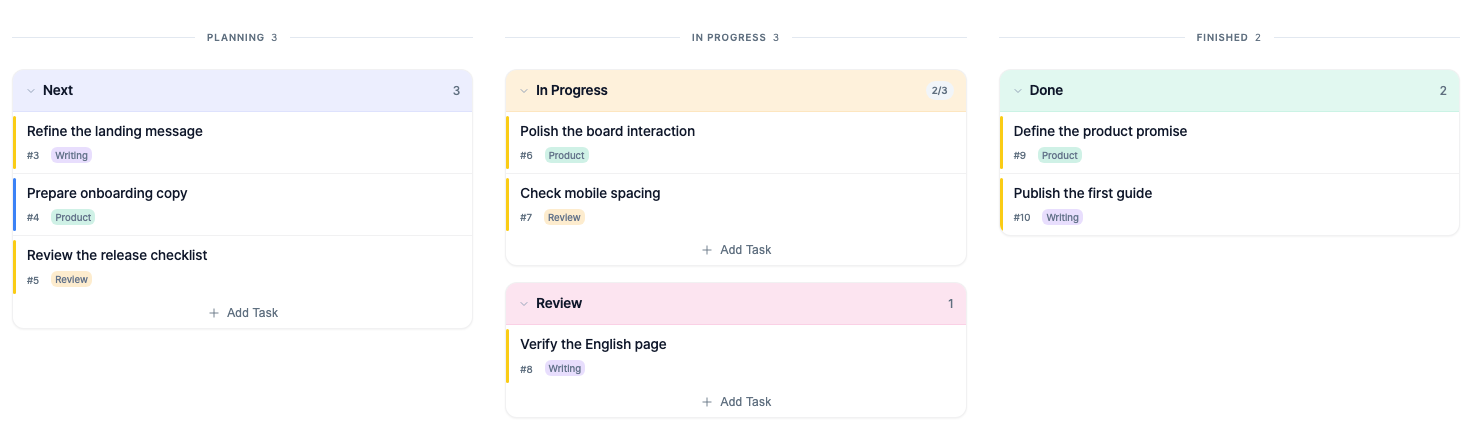 A toodoori kanban board with cards across several stages